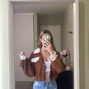 Brown corduroy-type button up jacket w/ teddy accents